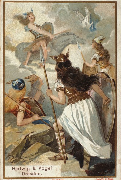 Severská mytologie: Walkyries (panen válečníci) ve Valhollu (nebo Walhalla, Valhalla, Valhalle: místo, kam jsou přiváděni stateční válečníci) a pády válečníků v bitvě. chromolitografie z 19. století od Unknown artist