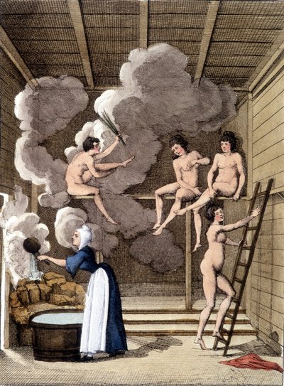 Nahé postavy v sauně Filandan. Rytina z roku 1811 obsahuje knihu o cestě. od Unknown artist