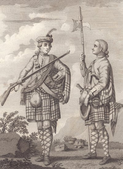 Důstojník (vlevo) a seržant 42. Highlanders – Black Watch – kolem roku 1750 (rytina) od Unknown artist