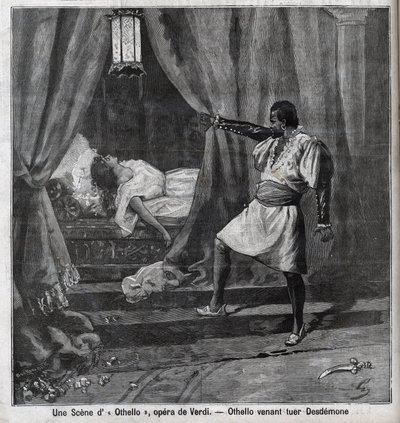Othello právě zabil Desdemonu ve své posteli. Scéna opery “” Othello”” od Giuseppe Verdiho (1813-1901) Rytina v “”Le Parisien”” od Unknown artist
