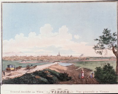 Pohled na město Vídeň s mostem přes Dunaj. Rakousko rytina ze soukromé sbírky z roku 1830 od Unknown artist