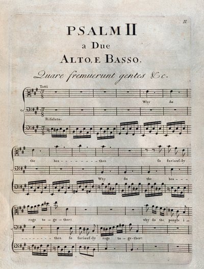Strana druhého žalmu v partituře „“Žalmy““ od Benedetta Marcella od Unknown artist
