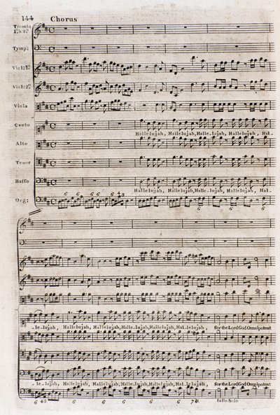 Strana partitur refrénu „“ Hallelujah ““ v „Mesiáš“ (Mesiáš) naturalizovaného anglického německého skladatele George Fredericka Händela (Georg Friedrich Handel od Unknown artist
