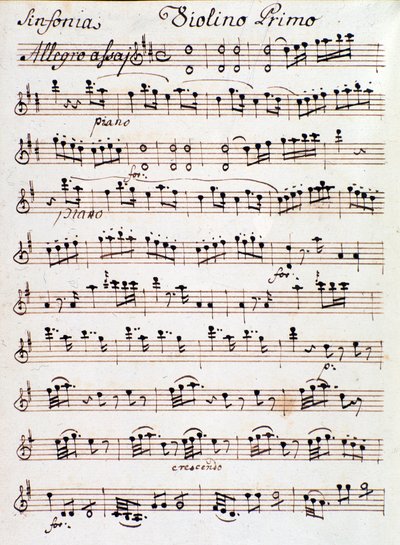 Strana notového záznamu pro první housle Symfonie č. 4 v D, od Mozarta (1765) od Unknown artist