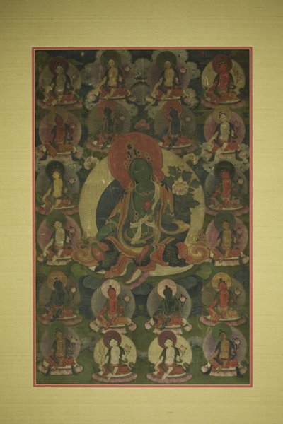 Malovaný prapor (thangka) Zelené Tary obklopené dvaceti projevy od Unknown artist