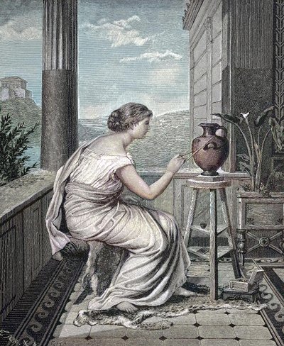 Malíř, umělec, mladá Řekyně maluje vázu, historické, digitální reprodukce originálního uměleckého díla z 19. století od Unknown artist