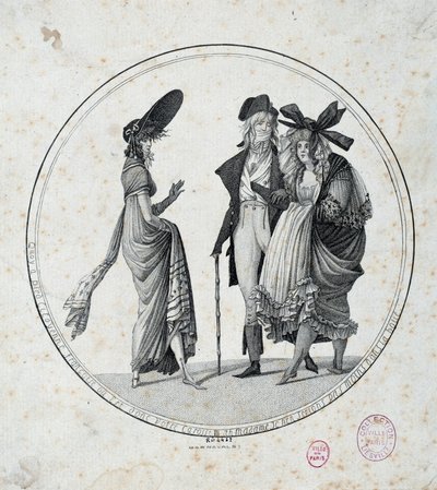 Pařížská móda: “”Úžasné a nádherné”” Rytina z roku 1795 Paříž, Musee Carnavalet od Unknown artist