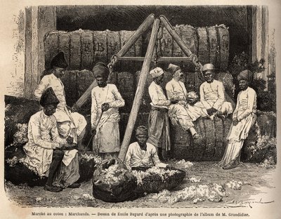 Parsi dealeři a obchodníci na bombajském trhu s bavlnou. Rytina k ilustraci plavby v poledníkových provinciích Indie od Alfreda Grandidiera v letech 1862-1864, publikovaná v „“Le tour du monde“““ 1869, editoval Edouard Charton, vydání Hachette, Par od Unknown artist