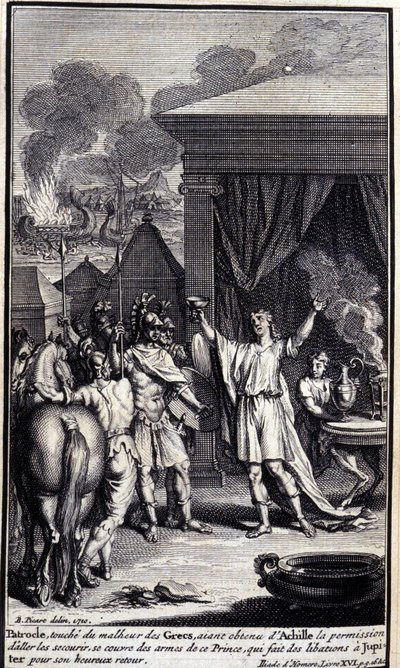 Patroklos se dotkne neštěstí Řeků, když získal od Achilla svolení je vydat a zachránit, kryje se zbraněmi tohoto prince, který provádí úlitby Jupiterovi za jeho šťastný návrat. Ilustrace knihy XVI z Iliady z H od Unknown artist
