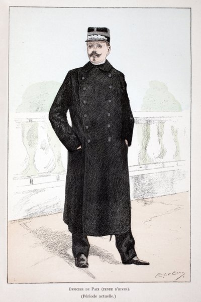 Mírový důstojník, zimní šaty (Lepinské období). Eau forte en couleurs, pour ilustraci “” Histoire du corps des gardiens de la paix””” kniha vydaná pod záštitou Louis Lepine (1846-1933) prefet de police de la Seine, Alfred Rey (1864-?) a Lou od Unknown artist