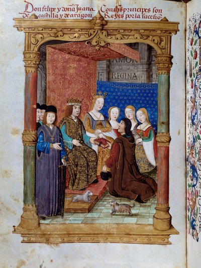 Pedro Marcuello představuje svou knihu králi Filipu I. Hasburgskému známému jako Krásná (1478-1506) a královně Joaně Iere the Folle z Kastilie (1504-1555). Miniatura ve filmu „Zbožnění královny Da Juany, které říkali šílená“ od Pedra Marcuella od Unknown artist