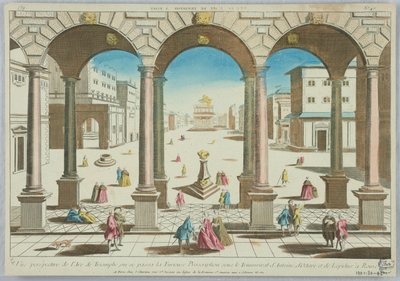 Peep-show, Perspektivní pohled na Arc de Triomphe, kde se zuřivý zákaz stal za triumvirátu Antonia, Octaviana a Lepida v Římě, č. 45 od Unknown artist