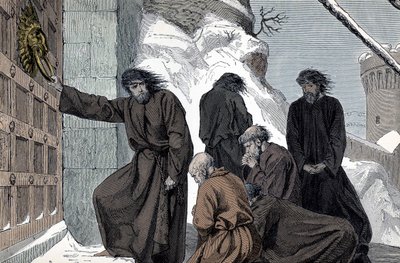 Pokání německého Jindřicha IV. v Canossa - Německý císař Jindřich IV. (1050 - 1106) a Canossa (Pokání císaře Svaté říše římské Jindřicha IV., Canossa, Itálie, leden 1077. Jindřich stojící bos ve sněhu ve vlasové košili , aby přesvědčil P od Unknown artist
