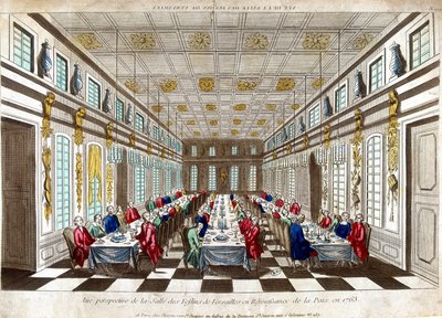 Perspektivní pohled na Salle des Festins de Versailles na oslavu míru v roce 1763 mezi Velkou Británií, Francií a Španělskem. od Unknown artist