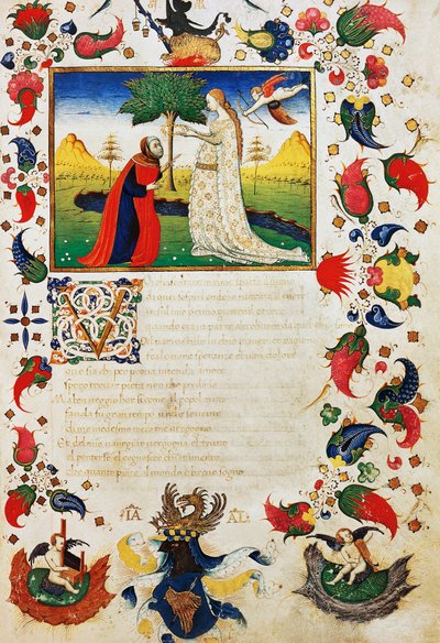 Petrarca zasažen Amorovým šípem s vavřínovou korunou, úvod k sonetu Vy, kteří slyšíte zvuk, v rozptýlených rýmech, z Trionfi od Francesca Petrarcy (1304-1374), iluminovaná stránka z rukopisu 15. století od Unknown artist