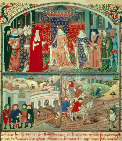 Trubač Philippe the Bel (1268-1314) s orbou a kupeckou scénou. Miniatura v „Knize režimu princů““ od Gillese de Rome (v. 1247-1316), Paříž, B N od Unknown artist