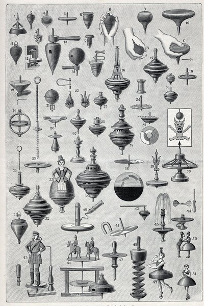 Deska zobrazující sbírku přadlenů s různými tvary a systémem otáčení. Gravírování do ""La Nature"" od Unknown artist