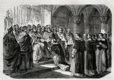 Papež Adrien II. (792-872) předal jednomu ze svých legátů bublinu exkomunikace proti lordu Normandovi. Rytina - v „“ Dějiny papežů“, sd. 19. století. od Unknown artist