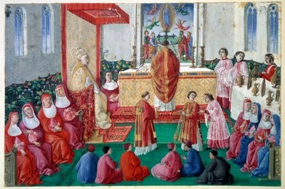 Papež Sixtus IV (1414-1484) se účastní mše v Sixtinské kapli ve Vatikánském miniaturním decoupee z 15. století. Slunce 0,1x0,16 m Chantilly, musee Conde od Unknown artist