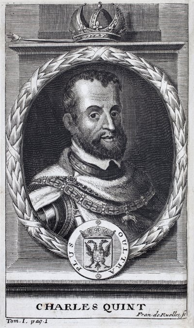 Portrét Karla V. (1500-1558), krále Španělska a Španělské Ameriky, sicilského krále a císaře Svaté říše římské germánské (1519-1556). Rytina k ilustraci „Historie války o Flandry“, od Flamianus Strada, vydání Joseph T