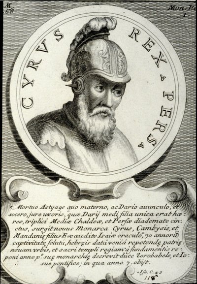 Portrét Kýra II. (asi 559-529 př. n. l.) zvaného Kýros Veliký, zakladatel Perské říše. Rytina soukromé sbírky z 18. století od Unknown artist