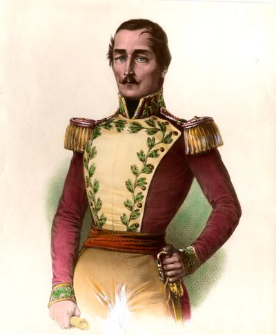 Portrét generála Santandera (Francisco de Paula) (1782-1840), kolumbijského vojáka a státníka, hrdiny nezávislosti z roku 1819. Rytina ze soukromé sbírky z roku 1836 od Unknown artist
