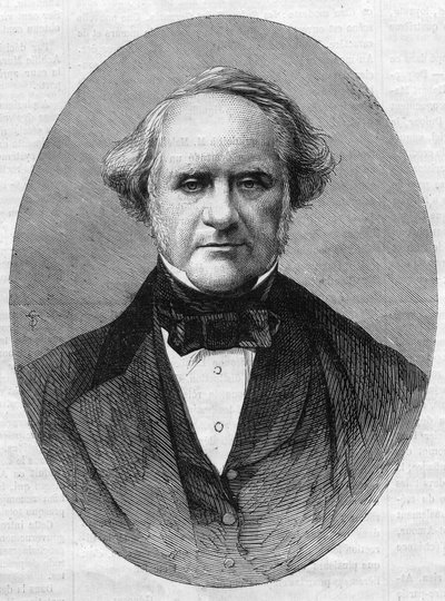 Portrét George Peabodyho (1795-1869), podnikatele a filantropa, zakladatele konzervatoře Peabody Institute na Univerzitě Johna Hopkinse v Marylandu ve Spojených státech amerických. Gravírování do „“The Illustrious Universe““ od Unknown artist