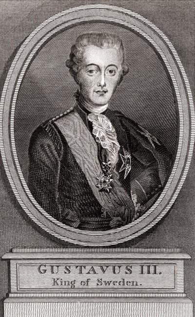 Portrét Gustava III. (1746-1792), švédského krále v letech 1771 až 1792, rytina z roku 1787 „Sbírka vojáků včerejška““ od Unknown artist