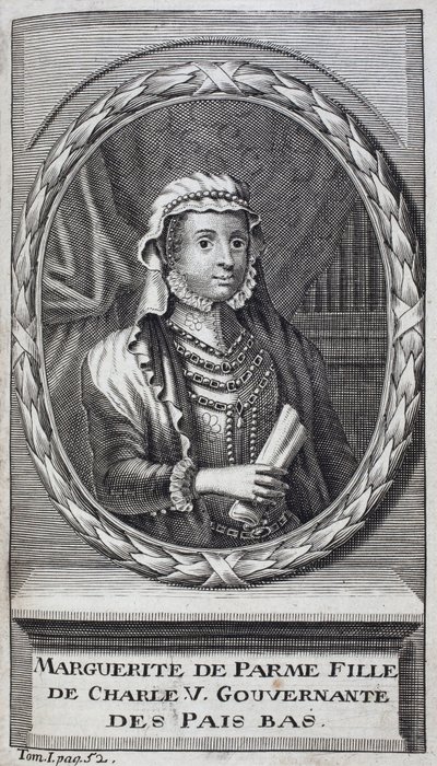 Portrét Margarity Parmské (nebo Margarity Rakouské) (1522-1586), vévodkyně z Parmy a Piacenzy, přirozené dcery Karla V. (1500-1558) a vychovatelky Nizozemska (Nizozemí) v letech 1559-1581. Rytina k ilustraci „Historie války o Fla od Unknown artist