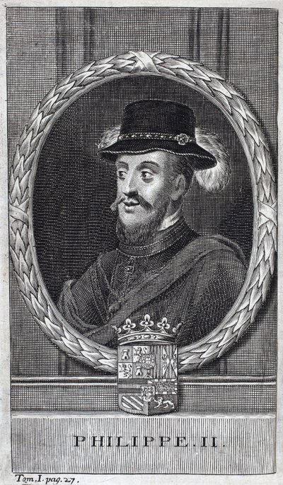 Portrét Filipa II. Španělského (Felipe) (1527-1598), krále Španělska a Portugalska. Rytina k ilustraci „Historie války o Flandry“, od Flamianus Strada, vydání Joseph T