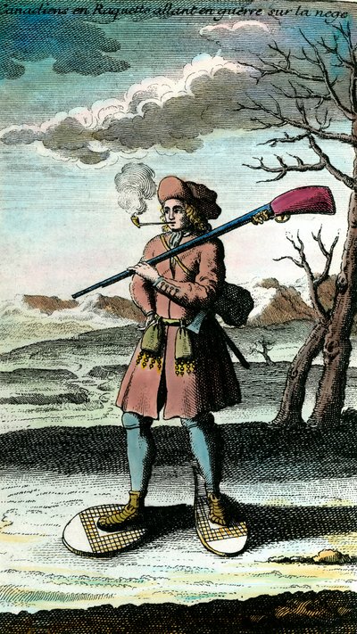 Portrét Kanaďana na sněžnicích na sněhu, který jde do války. 18. století rytina. Soukromá sbírka. od Unknown artist