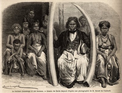 Portrét afrického vyjednavače slonoviny obklopuje jeho manželky. Kresba Emila Bayarda (1837-1891) k ilustraci cesty doktora Griffona du Bellay do Gabonu v letech 1861-64. Rytina v „“Le tour du monde““, editoval Edouard Charton od Unknown artist
