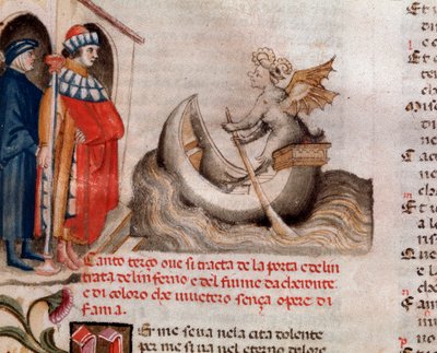 Portrét italského básníka Dante Alighieriho, jak se dívá na Charona jeho člun překračující Acheron s dušemi (píseň 3 z pekla, v Božské komedii) - miniatura 15. století od Unknown artist
