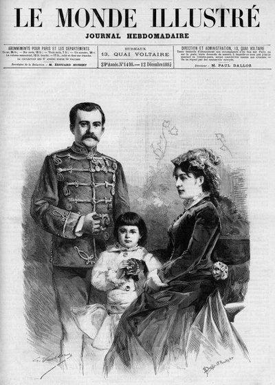 Portrét srbského krále Milana I. (Milan Obrenovich) (1854-1901), je obklopen královnou Nathalie a jejím následníkem trůnu princem Alexandrem, v „The Illustrous World 1885““. od Unknown artist