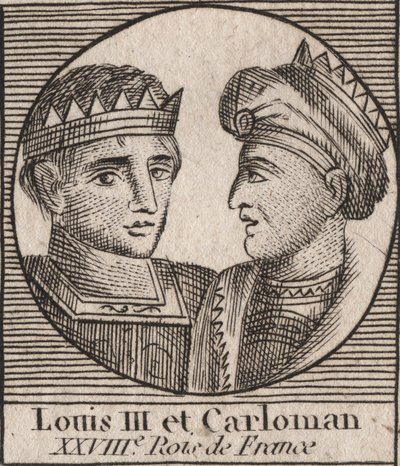 Portréty Ludvíka III. (863/65-882) krále franků v letech 879 až 882 a Carlomana II. (866-884), krále franků v letech 879 až 884 - Ludvíka II., krále Západní Francie a Carlomana II., krále Západu Francia - rytina z “Instruction sur l