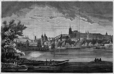 Praha, pohled na církevní čtvrť Saint Nicholas de la Kleinseite a hradní čtvrť (Hradčany), která zahrnuje královský palác, 3 kostely, klášter a katedrálu Saint Guy. V “” Lunivers illustré””, dne 8.8.1866. od Unknown artist