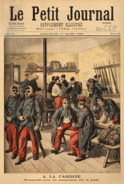 Připravují se na manévry na sněhu, místo brýlí s kouřovými brýlemi jsou vojáci obklopeni černými sazemi. Rytina v „“ Le petit journal“ 17/03/1895. Selva sbírka. od Unknown artist