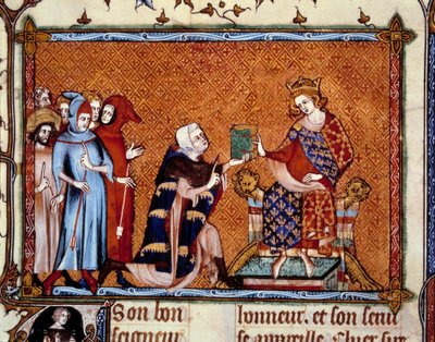 Prezentace knihy: Jean de Joinville (1224-1317) nabízí svou knihu Ludvíkovi králi Navarrskému budoucímu Ludvíku X. Hutinovi. Miniatura ve ""Vie de Saint Louis"" od Unknown artist