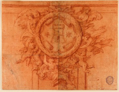 Projekt nástěnné dekorace (Ženské postavy a putti podpírají kruhový medailon s erbem) od Unknown artist