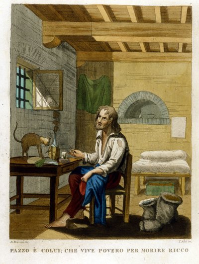 Přísloví ilustrující chamtivost: „Žít chudý, abys zemřel bohatý“. od Unknown artist