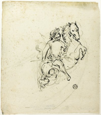 Putto korunovaný vavřínem, na koníkovi od Unknown artist