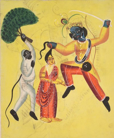 Ráma a Hanumán, držící vykořeněný strom, zachraňují Sítu (recto) od Unknown artist