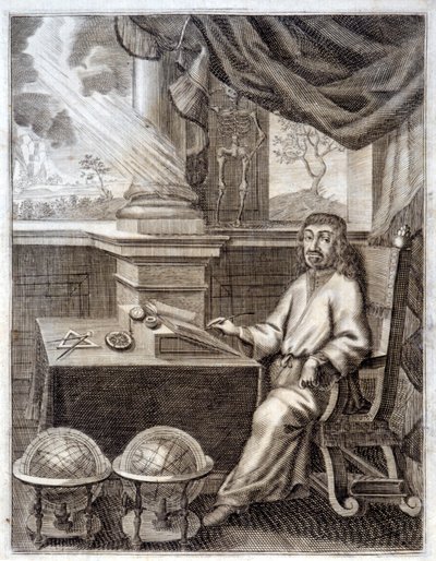 René Descartes (1596 - 1650) ve své kanceláři s vědeckým vybavením. Rytina 17. století. od Unknown artist