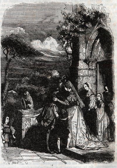 Renaud se vrací ke své rodině - rytina z roku 1851 z „“ Furious Roland““ od Unknown artist