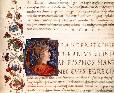 Znázornění Alexandra Velikého (356-323 př. n. l.), makedonského krále, miniatura převzatá z „“Paralel slavných mužů“““ z Plutarcha (46-125 n. l.) (MS. XV. 1) 15. století. Cesena, Biblioteca Malatestiana od Unknown artist