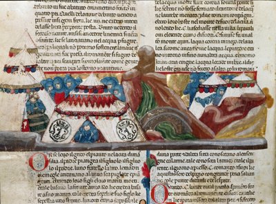 Reprezentace Julese Cesara (101-44 př. n. l.) sedícího poblíž svého vojenského tábora Detail stránky s rukopisem „“ Fakta o Římanech““ (Ms 1538, fol. 24v) kolem roku 1340 Florencie, Biblioteca Riccardiana od Unknown artist