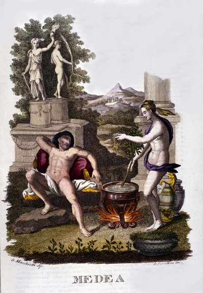 Reprezentace Médey připravující své kletby po cyklu Argonautů. Rytina 19. století. od Unknown artist