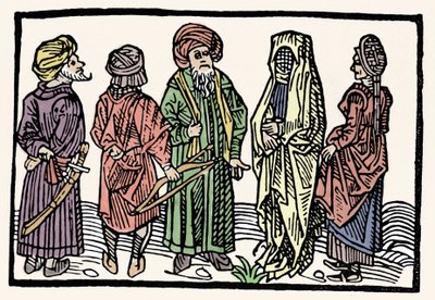 Zastoupení pohanky. Muži s rukama s propletenými hlavami a zahalené ženy. Xylografie 15. století od Unknown artist