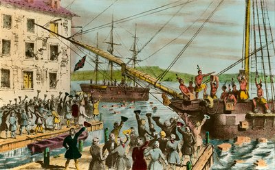 Zastoupení Boston Tea Party: během války za nezávislost Spojených států: vzpoura amerických osadníků (britského původu) proti daním uvaleným anglickým parlamentem na čaj a další potraviny. Hnusili se jako indiáni a c od Unknown artist