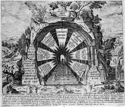 Znázornění vchodu do Domu záhad, symbol věčného života. Rytina „Amphitheatrum sapientiae aeternae“. (Amfiteátr věčné moudrosti) [Hamburg: s.n. od Unknown artist